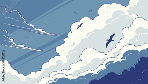 Stylized Illustration of Birds Flying Above Fluffy Clouds and Blue Sky.