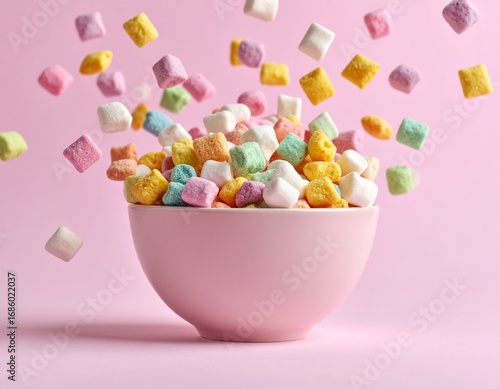 Whimsical bowl overflowing with colorful cereal and sweet marshmallows