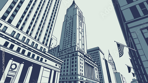 Stylized illustration of skyscrapers urban architecture city buildings downtown view.