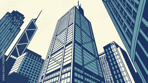 Stylized illustration of skyscrapers urban architecture city buildings modern design business district low angle view high rise contemporary geometric abstract vector art graphic design wallpaper bac.