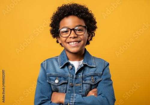 Medium close-up of a mixed-race Brazilian boy, around 9 years old, with curly hair and glasses, wearing a casual denim jacket over a white T-shirt, arms crossed and smiling confidently, generated by A
