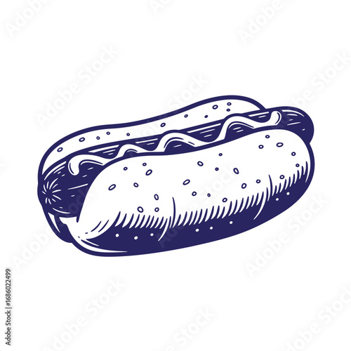 Hand drawn illustration of a delicious classic american style hot dog with condiments on white background.