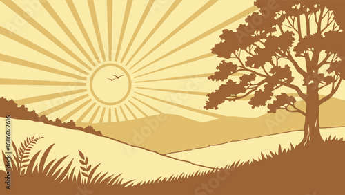 Sunrise over Rolling Hills with Single Tree Silhouette Peaceful Nature Scene Vintage Style Illustration.