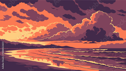 Sunset Beach Landscape Ocean Waves Coastal Scene Dramatic Sky Warm Colors Idyllic Seascape Summer Vacation Tropical Paradise Evening Glow Calm Waters Sandy Shore Holiday Background Travel Poster Natu.