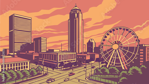Sunset Cityscape Illustration with Ferris Wheel and Skyscrapers.