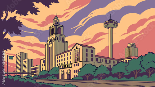 Sunset cityscape illustration urban skyline at dusk stylized city buildings tower trees evening vector art graphic design modern city architectural illustration cityscape background urban landscape c.