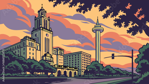 Sunset cityscape illustration urban skyline with tall building and tower vector art graphic design city landscape evening scene architectural illustration stylized city view colorful illustration mod.