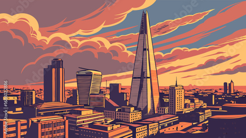 Sunset Cityscape Modern Architecture and Dramatic Sky Illustration.