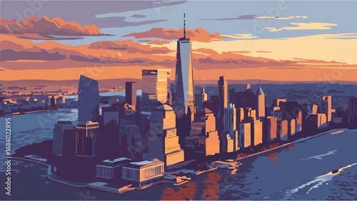 Sunset Cityscape Modern Metropolis Skyline at Dusk Urban Panorama with Tall Buildings and Water.