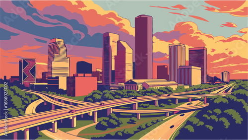 Sunset Cityscape Skyline with Highway Interchange Urban Landscape Illustration Vector Art.