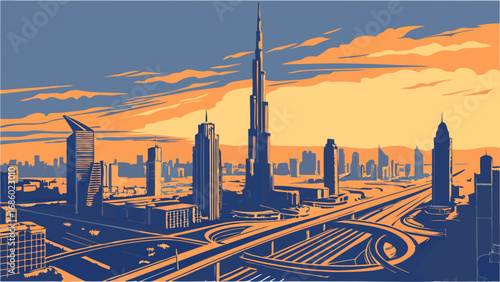Sunset Cityscape Skyline Modern Architecture Urban Landscape Evening City View Tall Buildings Roads and Highways Urban Development City at Dusk Golden Hour City Architectural Design Cityscape Illustr.