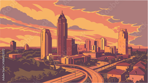 Sunset Cityscape Skyline Urban Landscape Illustration Evening City View Modern Architecture Highway Interchange.