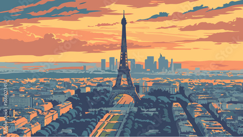 Sunset cityscape with iconic tower and skyline urban landscape illustration warm colors evening view graphic art city panorama travel poster design modern art vector illustration architectural illust.