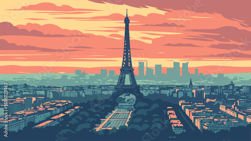 Sunset cityscape with iconic tower and park.