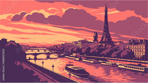 Sunset Cityscape with River and Tower Silhouette Illustration.