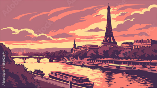 Sunset Cityscape with River Bridge and Tower Illustration.