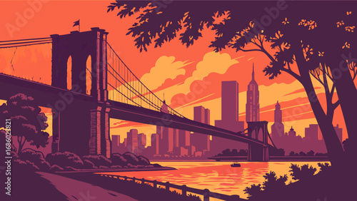 Sunset cityscape with suspension bridge and river at dusk.