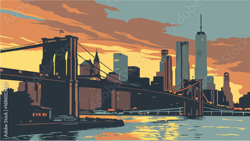 Sunset Cityscape with Suspension Bridge and Skyline at Dusk.