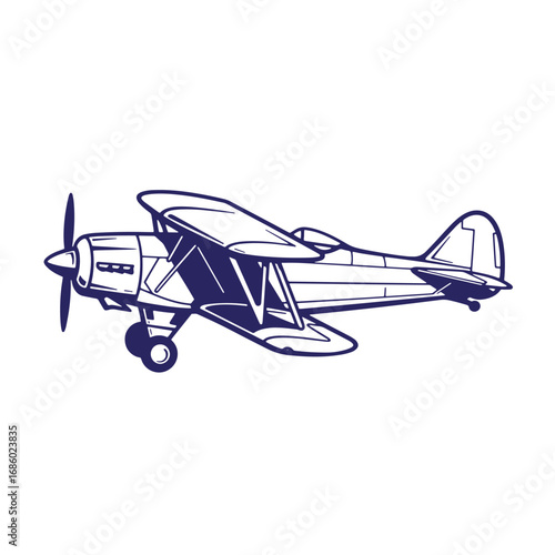 Outlined vector illustration of a classic biplane aircraft in dark blue on a white background
