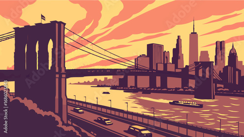 Sunset cityscape with suspension bridge and skyscrapers at dusk