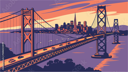 Sunset Cityscape with Suspension Bridge and Skyline Illustration.