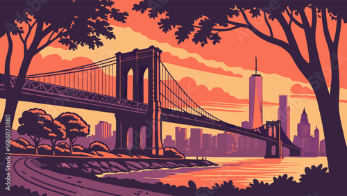 Sunset cityscape with suspension bridge and skyscrapers at dusk
