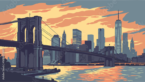 Sunset cityscape with suspension bridge and skyscrapers at dusk.
