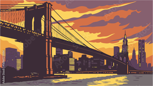 Sunset cityscape with suspension bridge and skyscrapers urban landscape illustration artistic vector graphic.