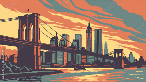 Sunset cityscape with suspension bridge and skyscrapers urban landscape city skyline vector illustration artwork graphic design travel poster postcard print modern art city architecture bridge illust.