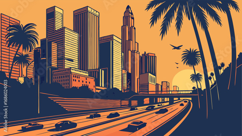 Sunset Cityscape Highway Palm Trees Urban Landscape Evening Commute Modern Architecture Vector Illustration.
