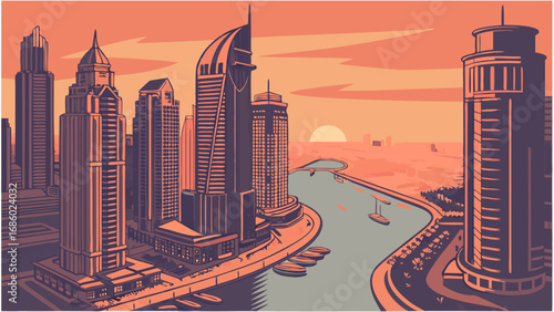 Sunset cityscape modern architecture urban skyline waterfront boats buildings evening dusk illustration graphic design vector art city view skyscrapers river canal twilight orange sky contemporary ci.