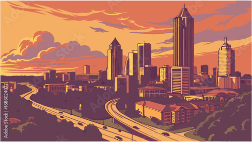 Sunset Cityscape Urban Skyline Evening City View Modern Architecture Highway Transportation Golden Hour Dusk City Illustration Vector Art Graphic Design Urban Landscape Cityscape at Sunset City at Du.