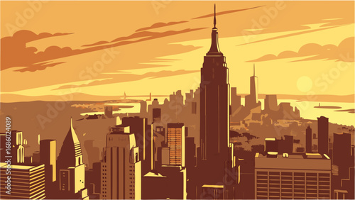 Sunset Cityscape Urban Skyline Golden Hour Modern Architecture Tall Buildings City View Evening Dusk Metropolitan Panorama Skyscrapers Downtown Brown Tones Urban Landscape City Background Illustratio.