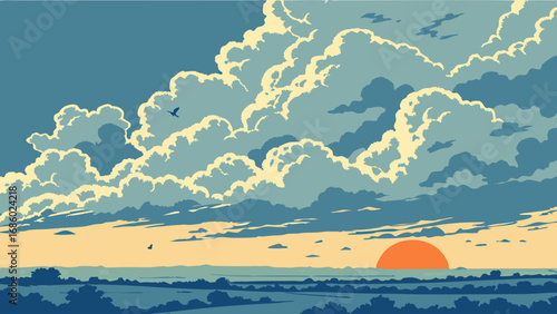 Sunset Landscape with Cumulus Clouds and Birds in Flight.