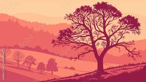 Sunset Landscape with Silhouette Trees and Rolling Hills Vector Illustration Nature Background Peaceful Scenery Autumnal Colors Graphic Design Element.