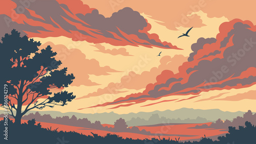 Sunset Landscape with Silhouetted Trees and Flying Birds.
