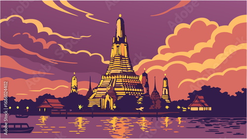 Sunset over Asian Temple and River Calm Water Reflection Colorful Sky Travel Poster Design.