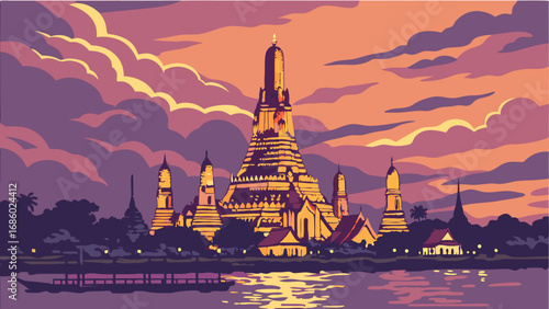 Sunset over Asian Temple River Boats Silhouette Travel Poster Peaceful Scene Golden Hour Spiritual Tranquil Asian Architecture Pagoda Religious Building Calm Water Scenic View Evening Sky Colorful Cl.