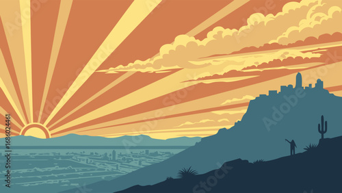 Sunset over desert city skyline panoramic view with silhouette figure western landscape illustration vintage art style.