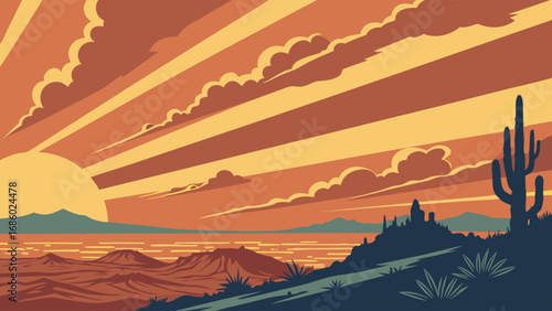 Sunset over desert landscape with cactus and mountains.