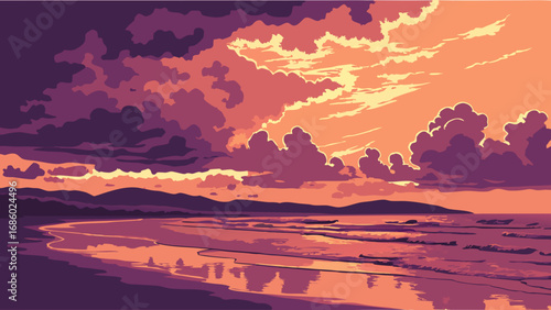 Sunset over ocean beach colorful cloudscape tranquil seascape summer evening coastal scene vibrant sky waves water reflection horizon landscape illustration beach background digital art graphic desig.