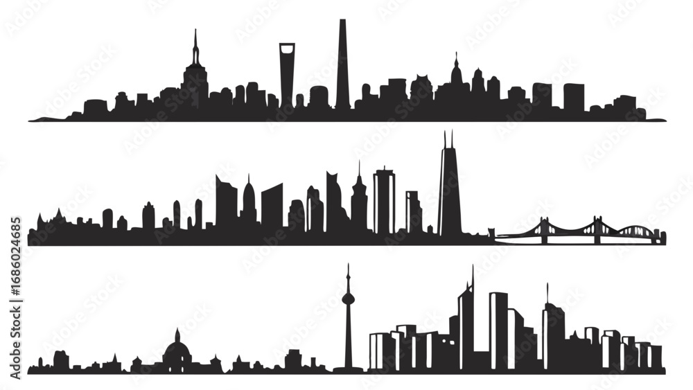 Naklejka premium Three City Skyline Panoramas Urban Modern and Architectural Vector Illustrations.