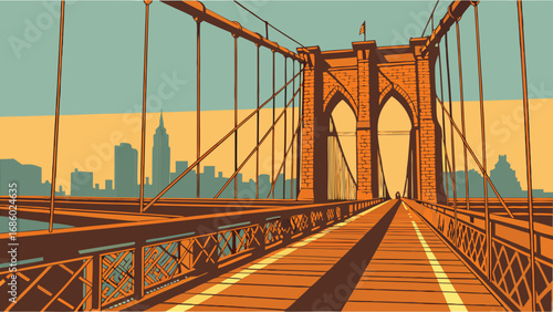 Suspension Bridge Pathway Cityscape Background Vintage Style Illustration.