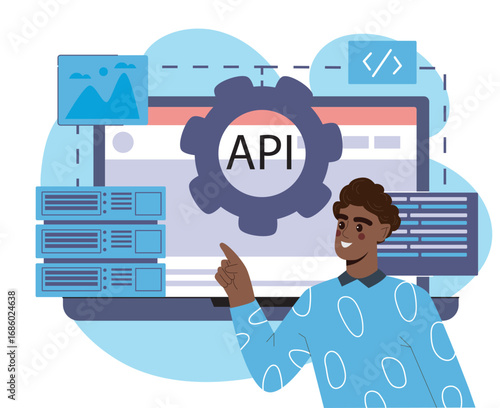 Man with api system. Programmer works on program and app. Coder writes code. Application programming interface. IT specialist writes down structure of website. Flat vector illustration