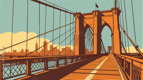 Suspension Bridge Walkway Cityscape View Vintage Style Illustration.