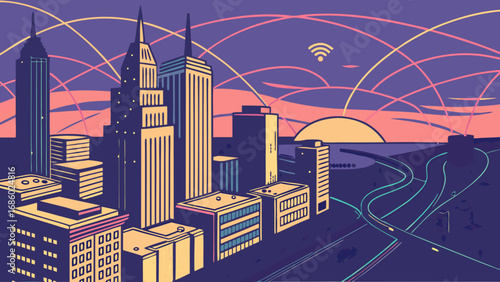 Urban cityscape at sunset with wireless connection futuristic design vector illustration.