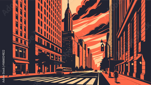 Urban cityscape at sunset stylized illustration city street scene evening atmosphere architectural design building facades urban landscape downtown area street crossing pedestrians traffic transporta.