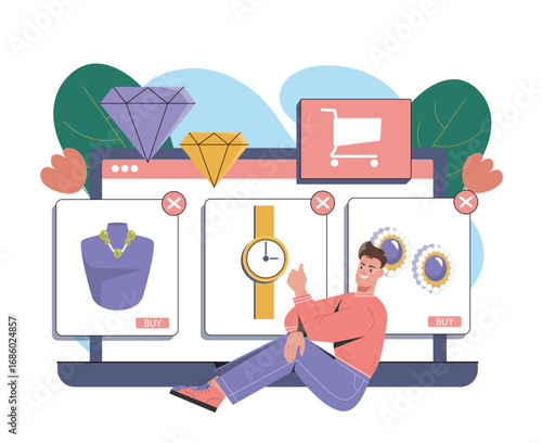 Man buys jewelry on internet. Young guy near laptop with gold watch and chain. Online shopping and home delivery. Earrings with diamonds and gemstones. Flat vector illustration