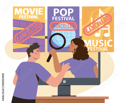 Cancelled festival concept. Man and woman use magnifying glass to examine posters of cancelled concerts. Reminder about shows. Concert delayed. Flat vector illustration