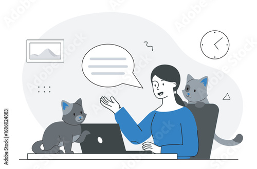 Cats interrupting work. Two little cats with woman at workplace. Freelancer and remote worker. Uncomfortable workplace. Disadvantage and problems. Linear vector illustration
